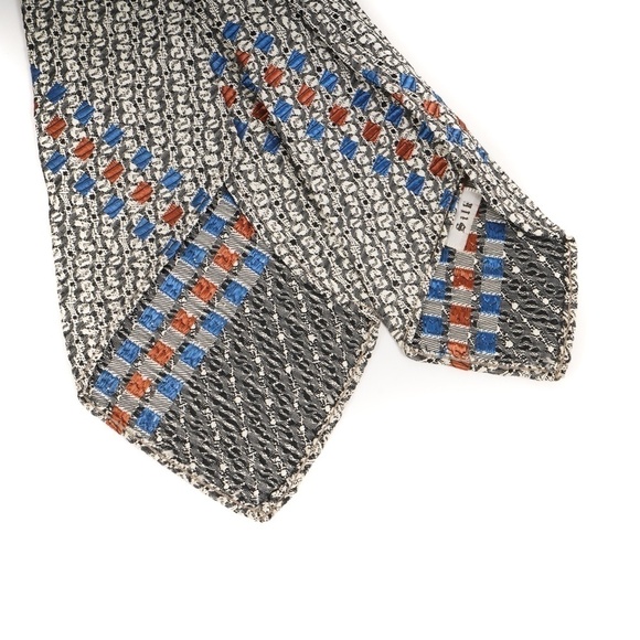 Unbranded Grey Geometric Pattern Silk W/small Blue and Brown Diamond Pattern Tie - Picture 5 of 6